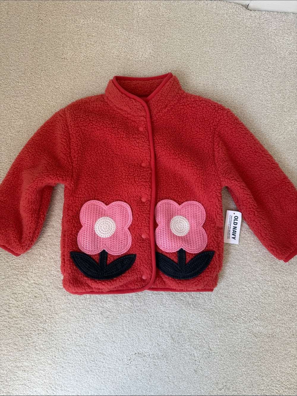 Old Navy Red Sherpa Jacket with Pink Flower Patches